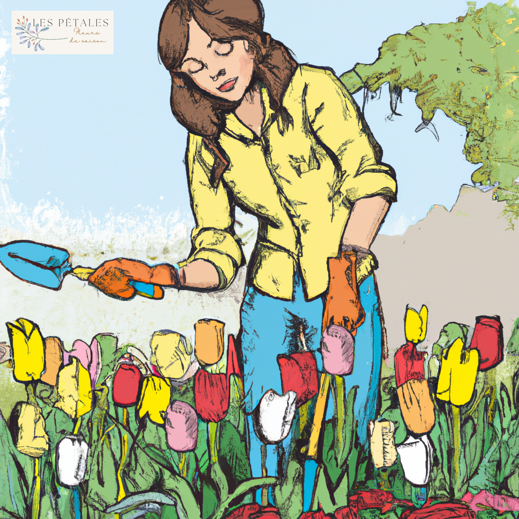 DALL·E 2023-01-21 19.45.16 - une jeune femme paisible et heureuse, aux cheveux bruns clairs et aux yeux bleus qui cueille des tulipes avec un sécateur, accroupie dans un grand jar Tulipes dans un sceau en métal